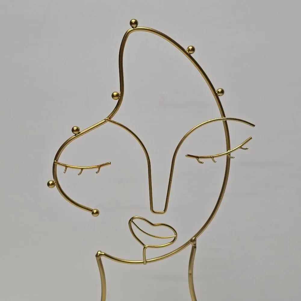 Woman's Face Gold Tone Metal Wire Jewelry Organizer Holder With Marble Base